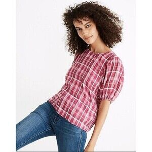 Madewell Plaid Puff Sleeve Blouse Top Women's Medium Pink Lined Preppy Classic